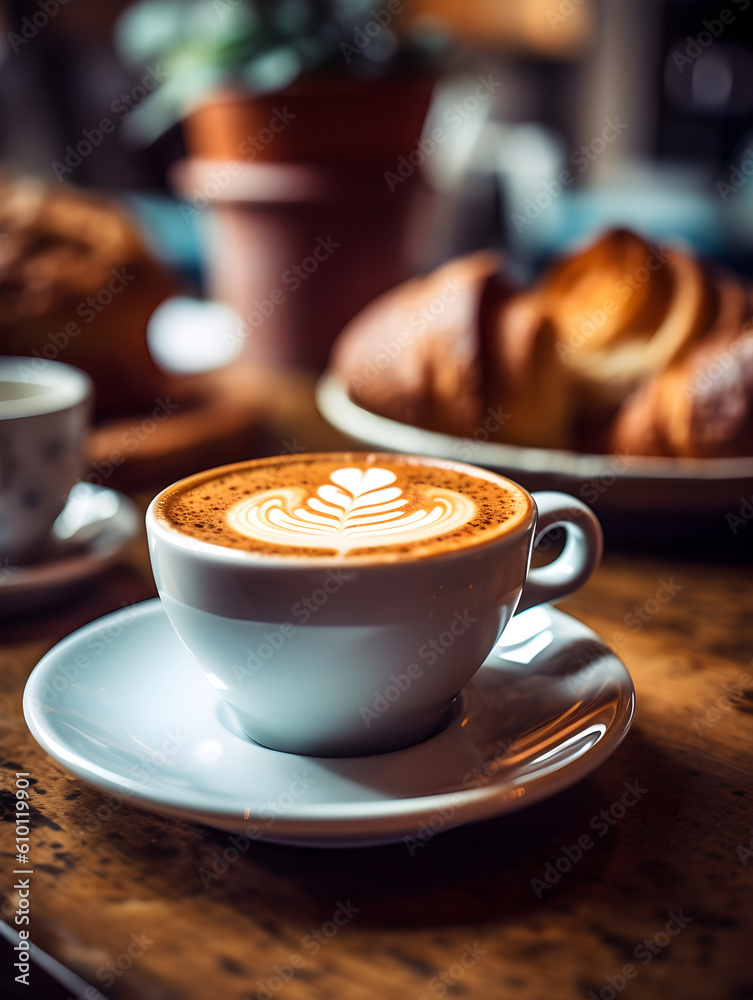 Cup of cappuccino with beautiful latte art on a wooden table and croissant and a vase in the back dark background. Generative AI