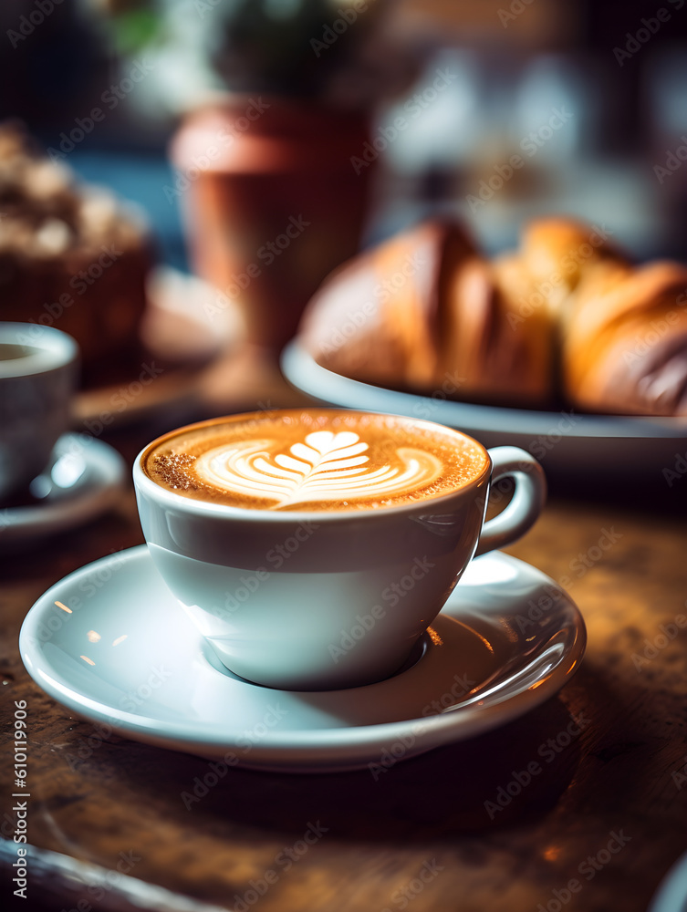 Cup of cappuccino with beautiful latte art on a wooden table and croissant in the back dark background. Generative AI
