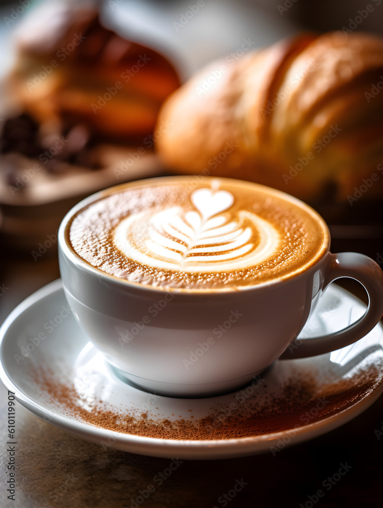 Cup of cappuccino with beautiful latte art and sprinkled cocoa powder on a wooden table and croissant in the back dark background. Generative AI