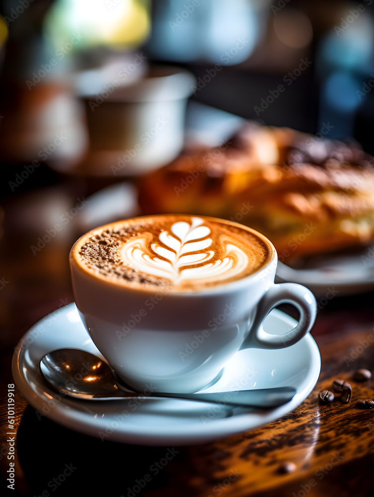 Cup of cappuccino with beautiful latte art on a wooden table and dark background with a coffee spoon on the side. Generative AI