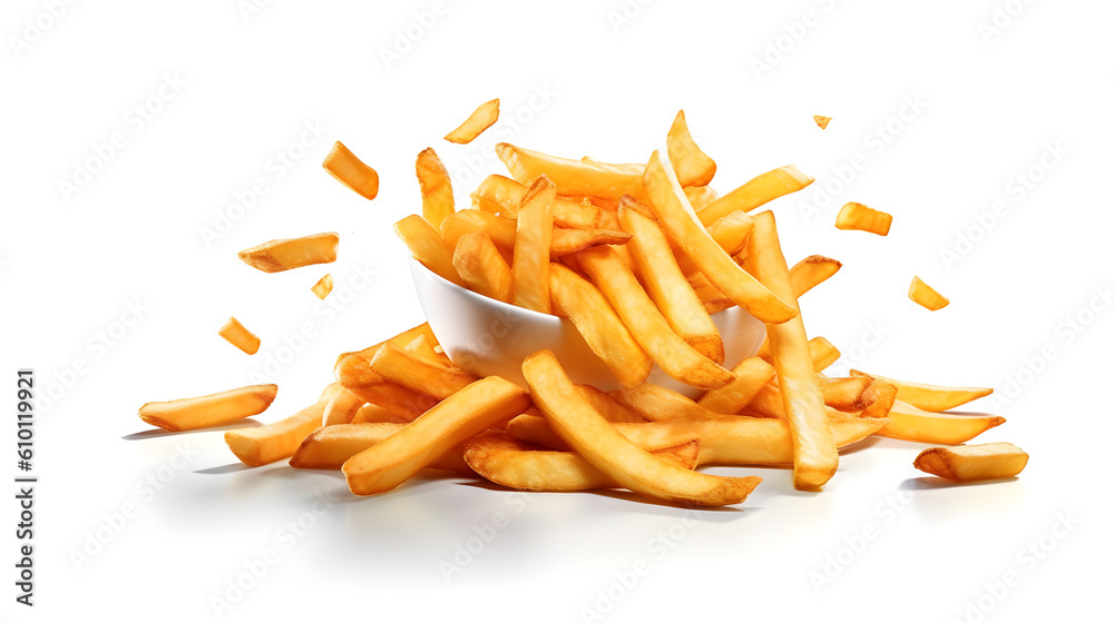 Tiny bowl filled with Crisp French fries falling all over the place isolated on white background. Generative AI