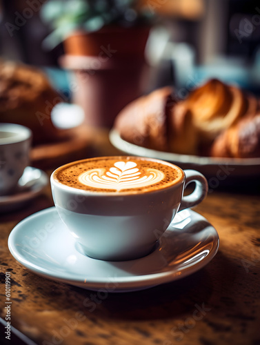 Cup of cappuccino with beautiful latte art on a wooden table and croissant and a vase in the back dark background. Generative AI