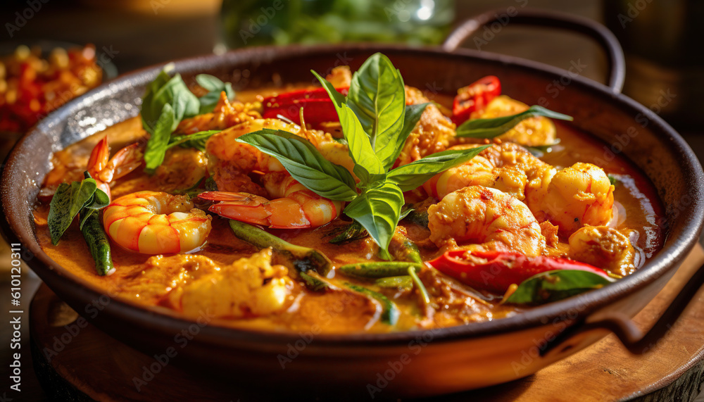 Seafood stew with shrimp and smoked spices, Thai inspiration, vibrant and exotic cuisine. Generative IA
