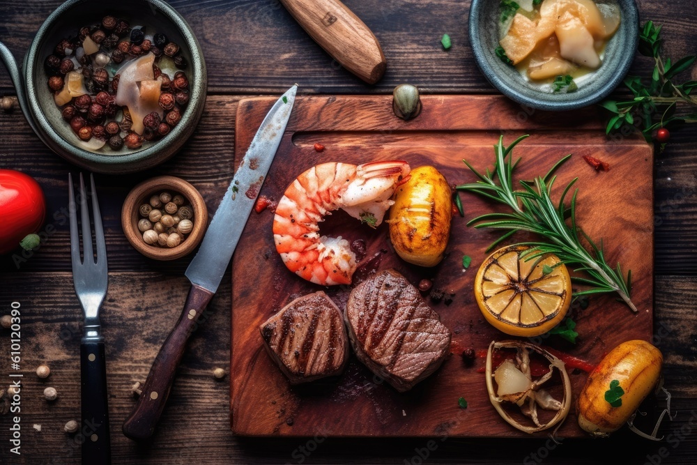 stock photo of Surf and turf ready to eat in the plate Food Photography AI Generated