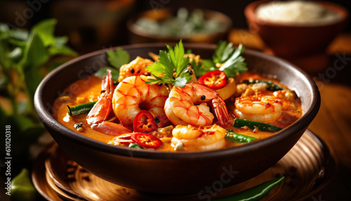 Seafood stew with shrimp and smoked spices, Thai inspiration, vibrant and exotic cuisine. Generative IA