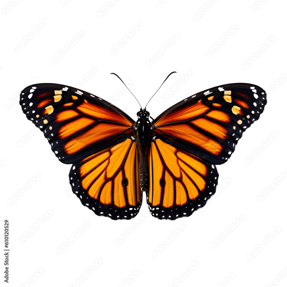 Fototapeta premium Butterfly isolated on transparent background, beautiful monarch butterfly flying on white background, top view, flat lay, view from above. generative ai
