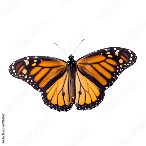 Monarch butterfly isolated on transparent background, beautiful butterfly flying over white background, top view, flat lay, view from above. generative ai © niloo
