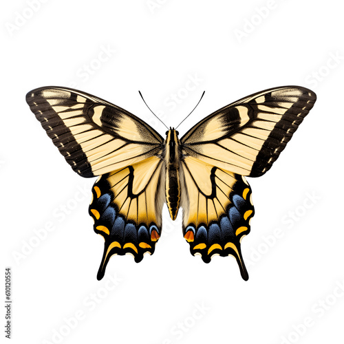 Swallowtail butterfly isolated on transparent background, beautiful swallowtail butterfly flying over white background, top view, flat lay, view from above. generative ai
