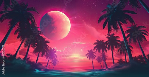 Beautiful pink night sky full of palm rees in front of 80s sunset 