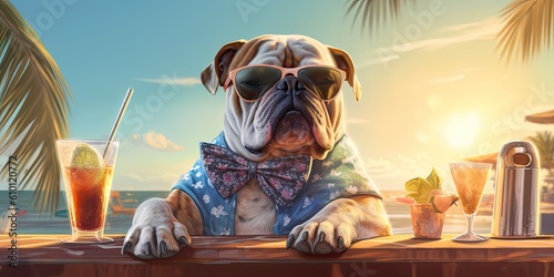 Bulldog in sunglasses relaxing on the beach with a drink © Photo And Art Panda