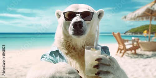 Obraz na płótnie Polar bear in sunglasses and glasses with a cocktail on a tropical beach w salonie