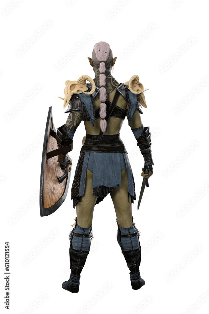 antasy orc woman with green skin and white hair, standing in warrior costume holding sword and shield. Isolated 3D rendering facing away. antasy orc woman with green skin and white hair, standing in warrior costume holding sword and shield. Isolated 3D rendering facing away.