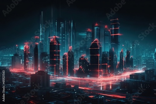 Smart and big city with particle glowing neon light connection design  big data connection technology concept. Generative Ai
