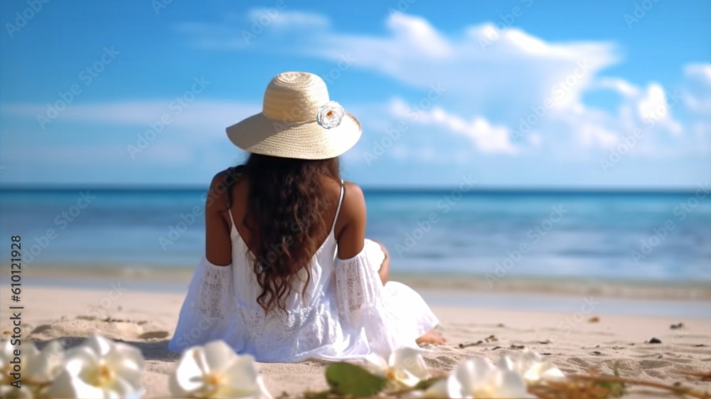 beautiful young  women in white dress with  exotic flowers sit on beach sand and watching tropical blue sea and sky ,generated ai