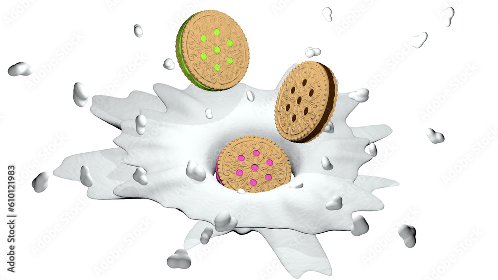 Fototapeta Three sandwich cookies with chocolate, strawberry and lemon cream splashing on a milk surface. 3D Illustration