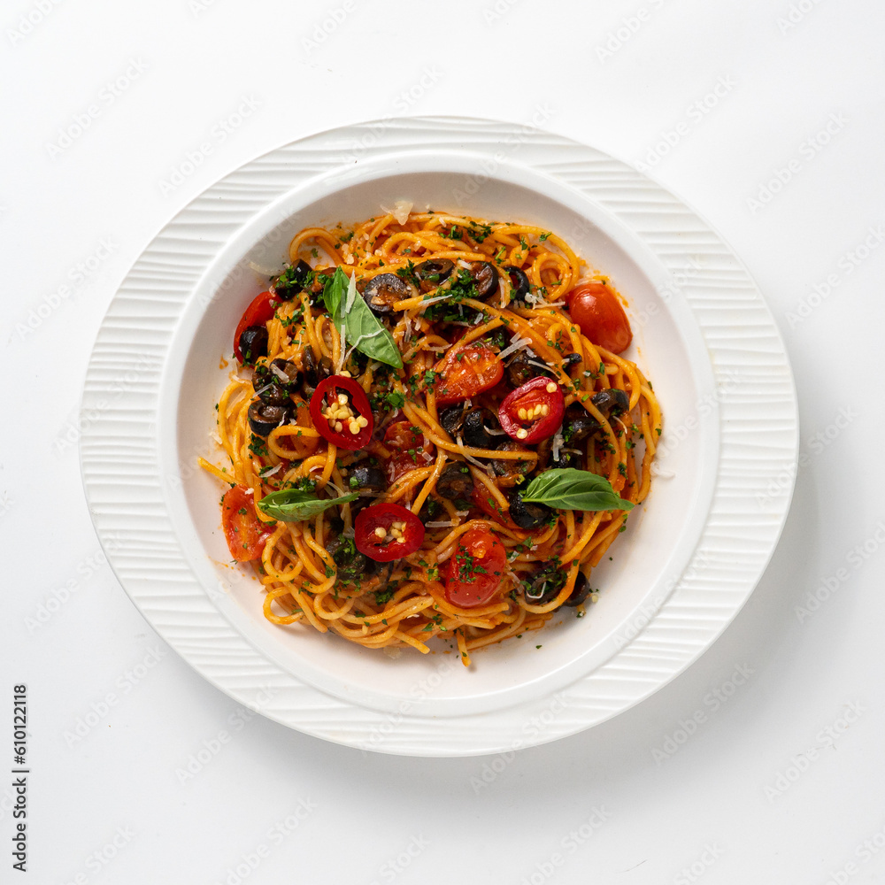 Arrabiata pasta on white background Arrabiata pasta on white background