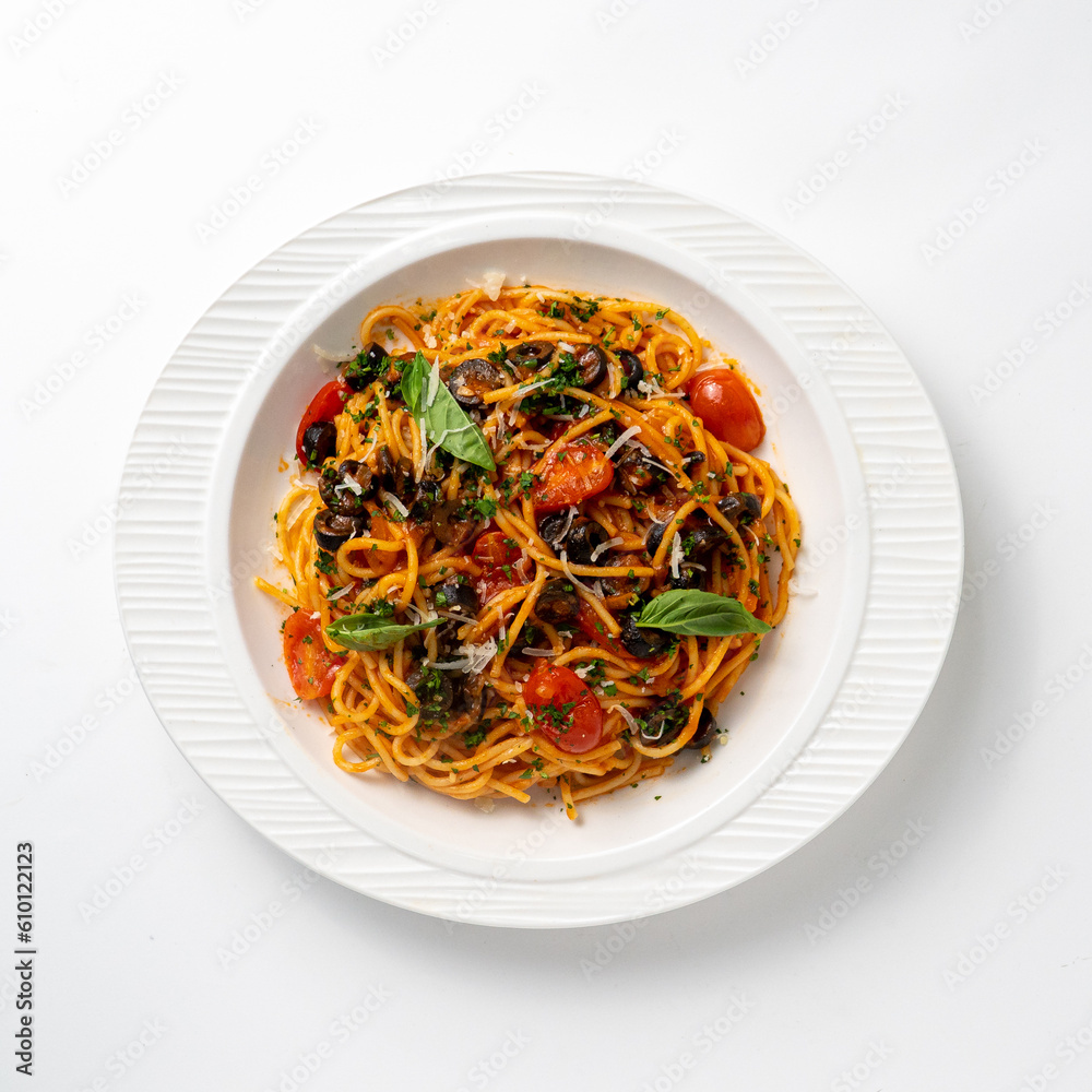 Pomodoro pasta on white plate Pomodoro pasta on white plate