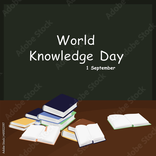 Blackboard with the inscription world knowledge day and a pile of textbooks on the table. 1 september - World Knowledge Day. Vector illustration