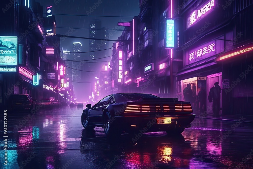 Neon car inside the cyberpunk city. Generative Ai