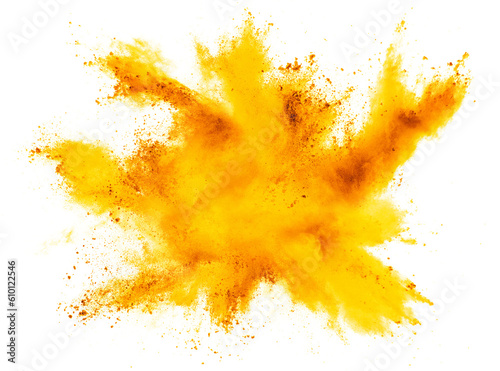 bright yellow orange holi paint color powder festival explosion burst isolated white background. industrial print concept background