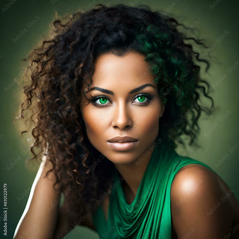 Woman with green eyes, created using generative AI Woman with green eyes, created using generative AI