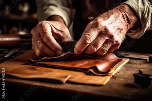 Close-up of old hands of a furrier master working on a simple leather product. Generative AI