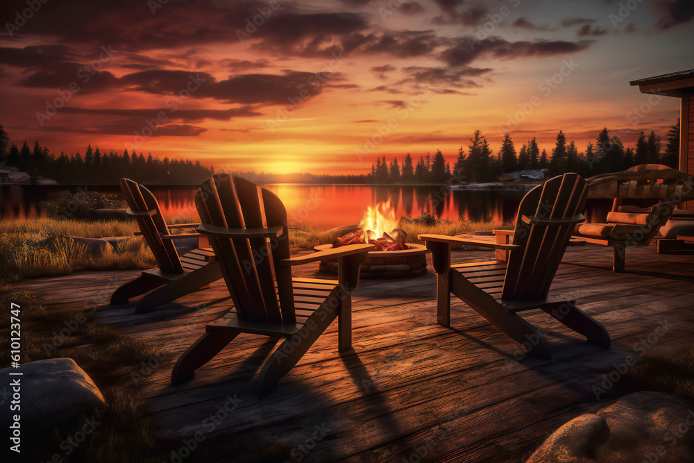 Fototapeta premium Summer Camping Adventure: Stunning Nature and Outdoor Stock Photos - Campsites, Tents, Forests, Hiking, Mountains, Lakes, and More! Experience the Beauty of Lake Sea Forest Landscapes Generative AI