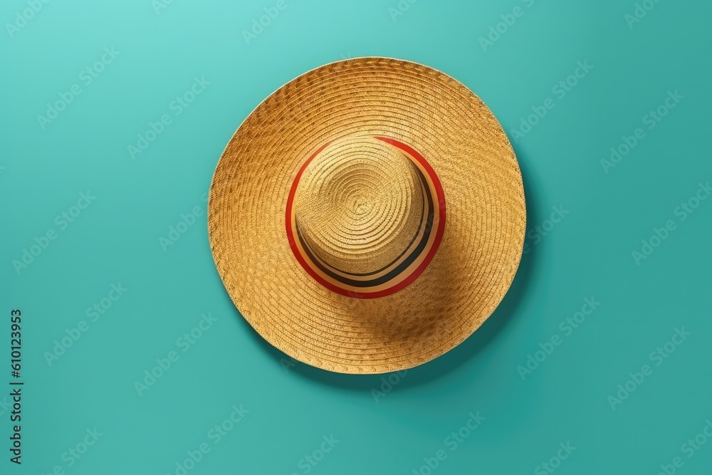 straw hat with a wide brim and ornaments On a bright colored background. Generative AI
