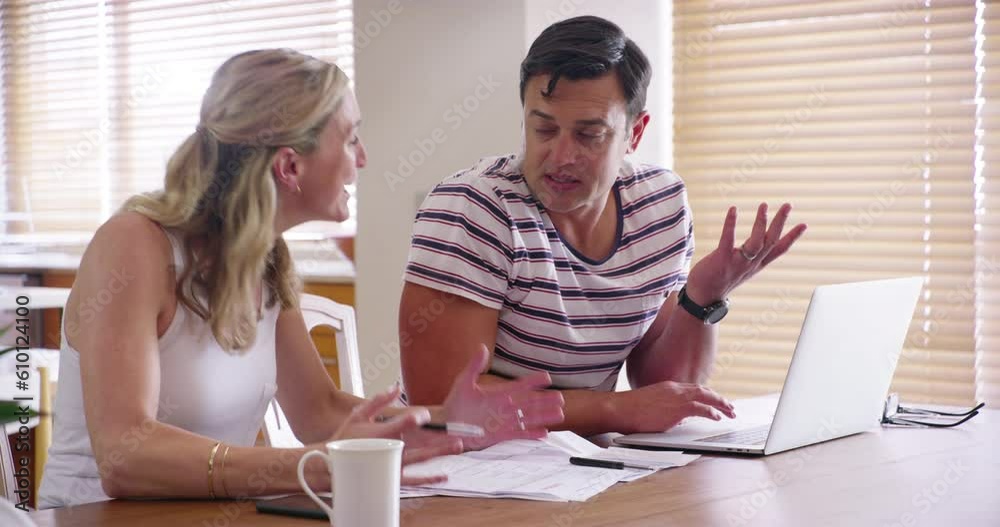 Home, stress and couple with a budget, conflict and fighting with documents, relationship problems or anger. Partners, man or woman with a laptop, paperwork or argument with financial issue and debt
