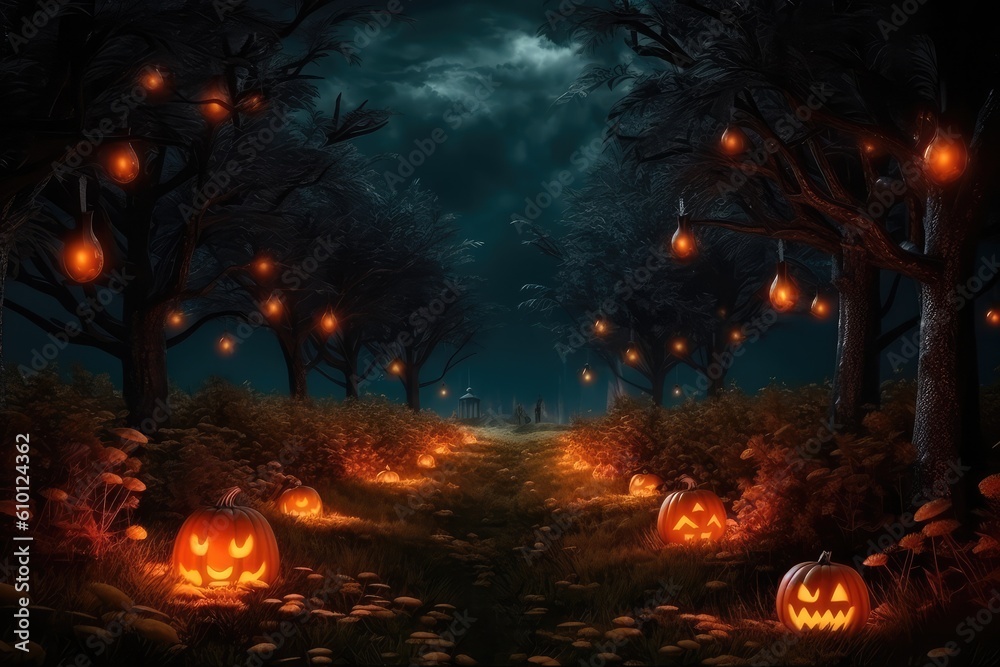 in the night forest, fireflies create a magical glow over pumpkins in the grass, Halloween. Generative AI in the night forest, fireflies create a magical glow over pumpkins in the grass, Halloween. Generative AI