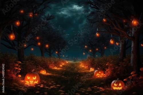in the night forest, fireflies create a magical glow over pumpkins in the grass, Halloween. Generative AI