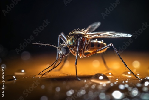 A close up of a mosquito sitting on a drop