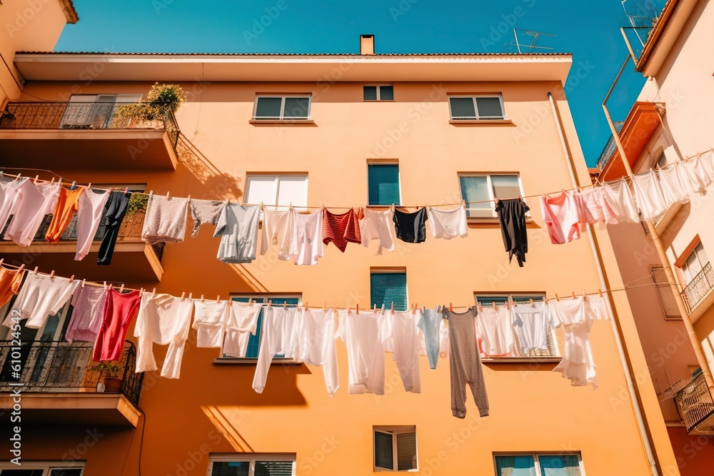 Clothes hung in the sun to dry between two streets of an old European city. Ai generated.