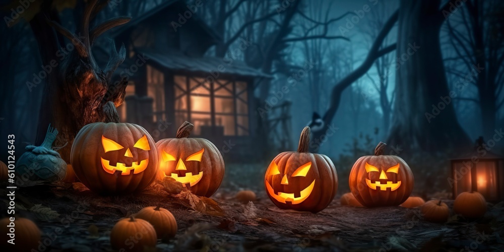 Create an eerie Halloween ambiance with illuminated pumpkins in a spooky forest. AI Generated. Create an eerie Halloween ambiance with illuminated pumpkins in a spooky forest. AI Generated.