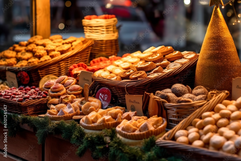 Delicious traditional handmade Christmas sweets, for sale at a market. Ai generated.