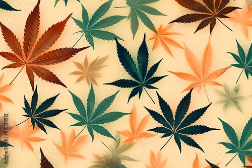 Background with pattern of images of marijuana leaves. Ai generated.