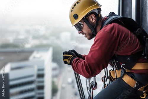 expertise of an industrial mountaineering expert as they hang outside a building, secured with harnesses. AI Generated.