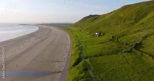 Rhossili Bay In The Late Evening Sun Aerial Footage