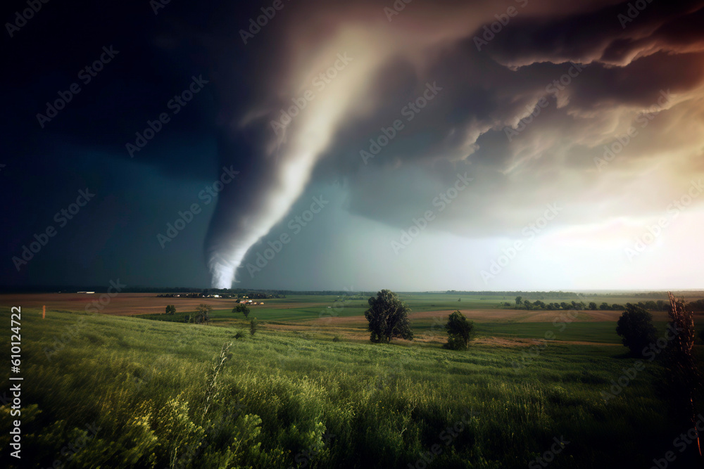Witness the awe-inspiring power as a dangerous tornado sweeps through the vibrant cereal fields. AI Generated. Witness the awe-inspiring power as a dangerous tornado sweeps through the vibrant cereal fields. AI Generated.