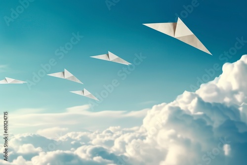 Witness the whimsical flight of little paper planes amidst the vast expanse of clouds. AI Generated.