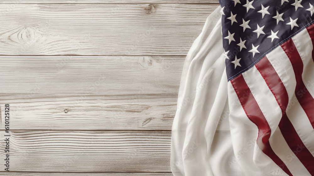 Obraz premium American Flag Tapestry/Fabric on a Wood Flay Lay with White Washed Stain - Patriotic 4th of July, President's Day, Veteran's Day, Independence Day, Memorial Day Theme with Copy Space - Generative AI