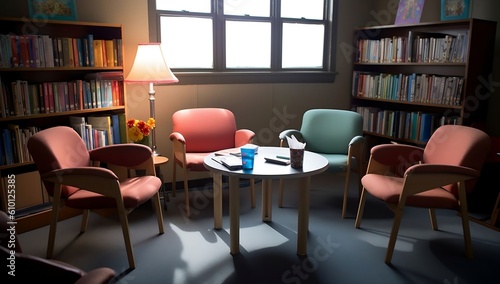 Collaborative Learning: Tables and Chairs Grouped for Study Activities