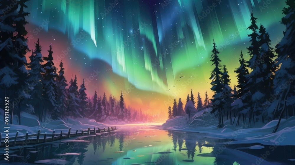 Aurora borealis: Illustrations showcase the mesmerizing display of the Northern Lights, creating an ethereal atmosphere and sense of wonder. Generative AI