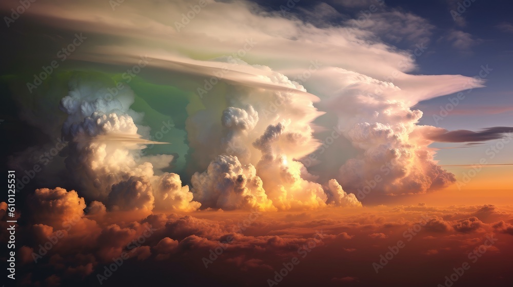 Clouds and weather: Images depict various cloud formations, sunsets, rainbows, or lightning, showcasing the dynamic and beautiful aspects of the Earth's atmosphere. Generative AI Clouds and weather: Images depict various cloud formations, sunsets, rainbows, or lightning, showcasing the dynamic and beautiful aspects of the Earth's atmosphere. Generative AI