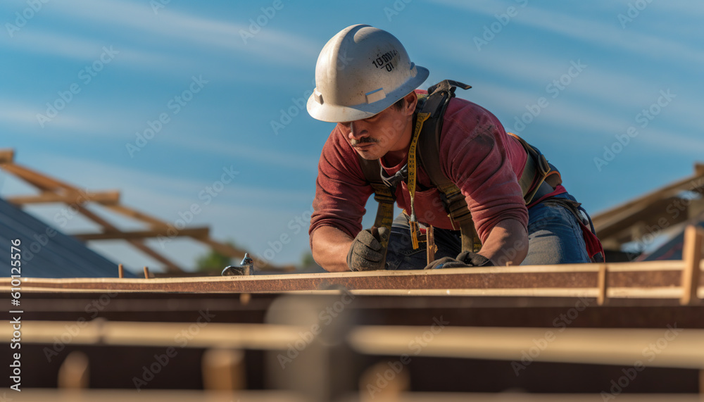 construction worker working at roof installation construction worker working at roof installation
