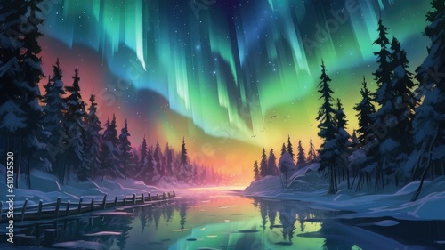 Aurora borealis: Illustrations showcase the mesmerizing display of the Northern Lights, creating an ethereal atmosphere and sense of wonder. Generative AI