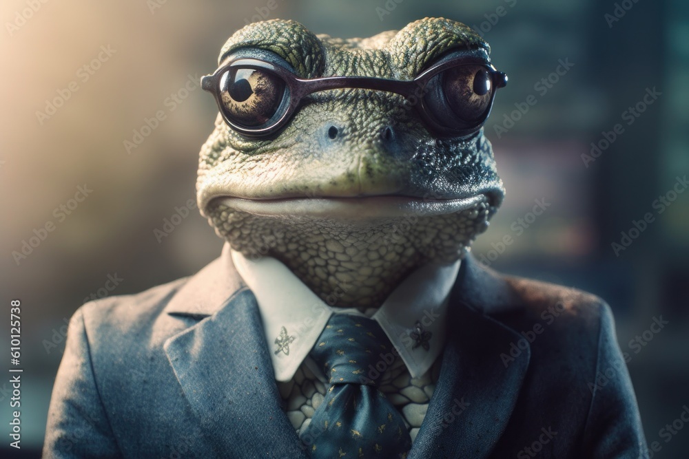 Anthropomorphic frog dressed in a suit like a businessman. Business Concept. AI generated, human enhanced Anthropomorphic frog dressed in a suit like a businessman. Business Concept. AI generated, human enhanced