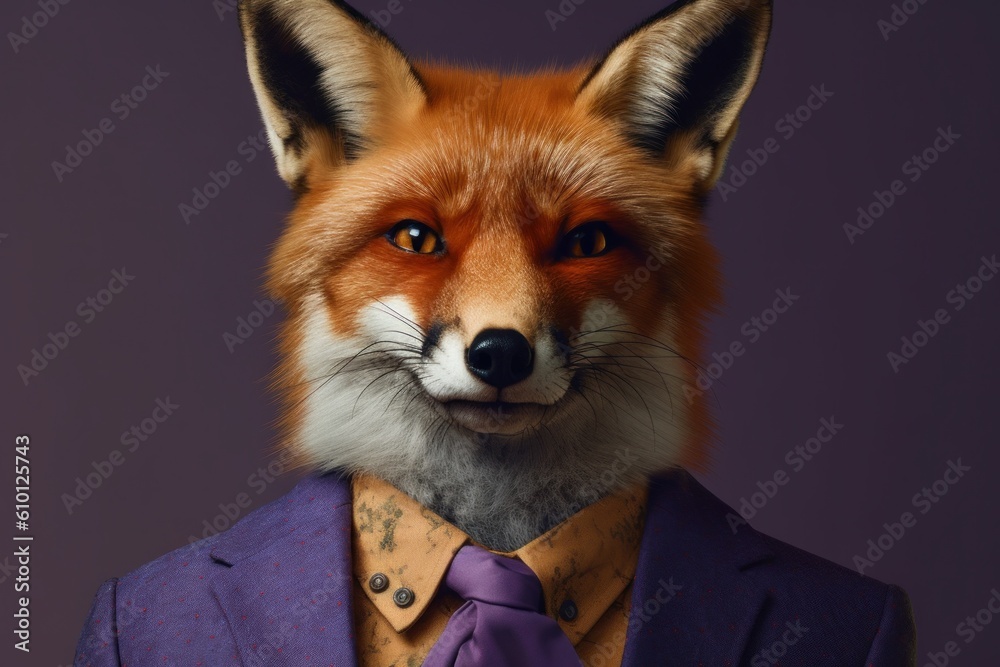 Obraz premium Anthropomorphic fox dressed in a suit like a businessman. Business Concept. AI generated, human enhanced