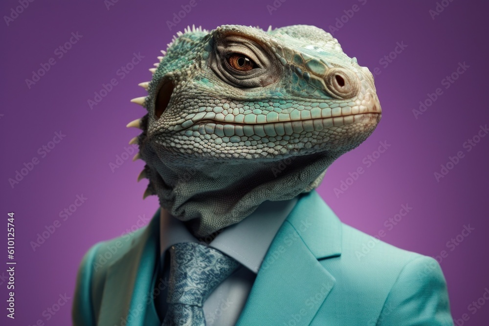 Anthropomorphic iguana dressed in a suit like a businessman. Business Concept. AI generated, human enhanced Anthropomorphic iguana dressed in a suit like a businessman. Business Concept. AI generated, human enhanced