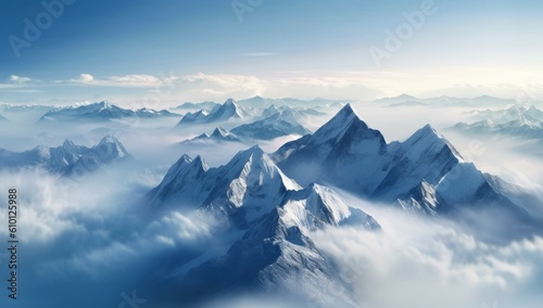 Mountain top surrounded by clouds. Climate change concept. AI generated, human enhanced.